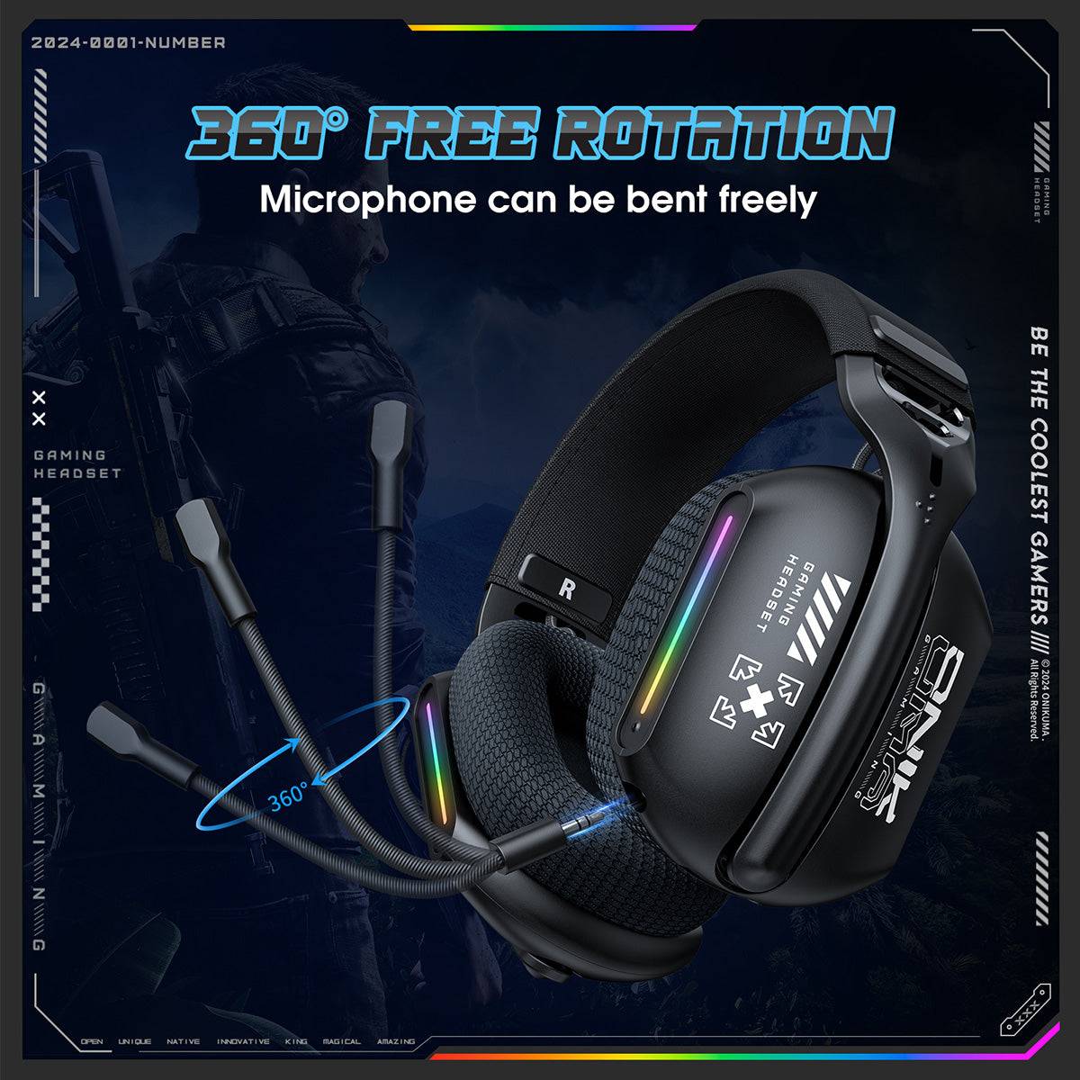 ONIKUMA GT808 Gaming Headset with a 360-degree adjustable microphone, ensuring clear communication and flexible positioning for gamers.